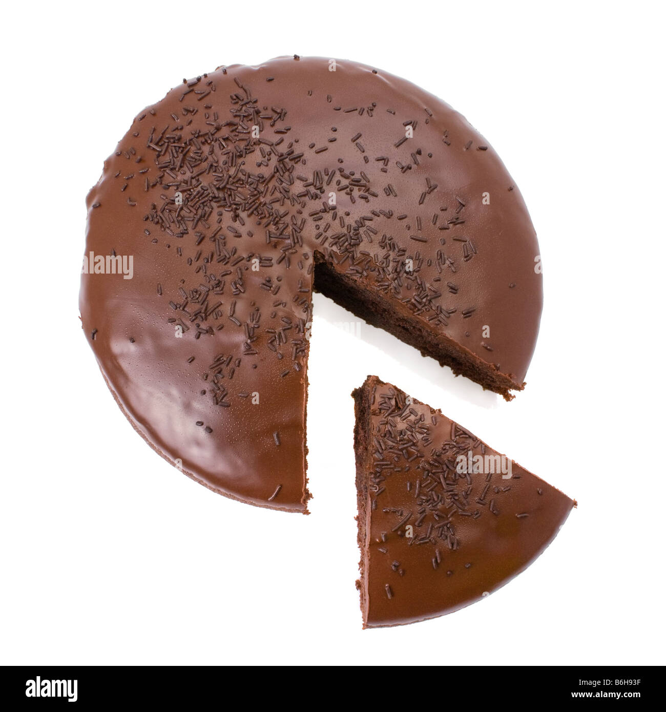 Sliced chocolate fudge cake isolated on white background Stock Photo