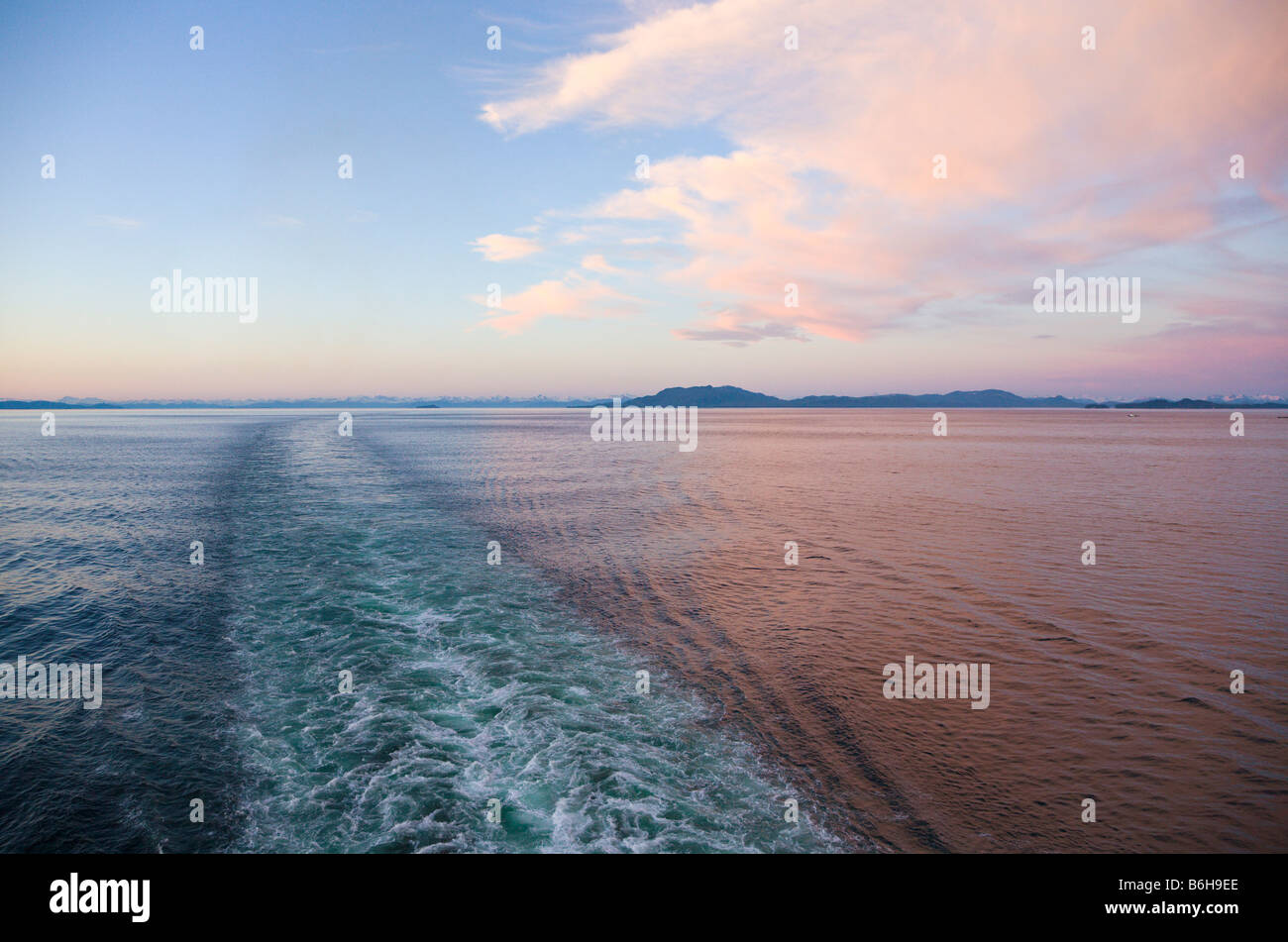 Wake of Cruise Ship at Sunset Inside Passage Alaska USA Stock Photo