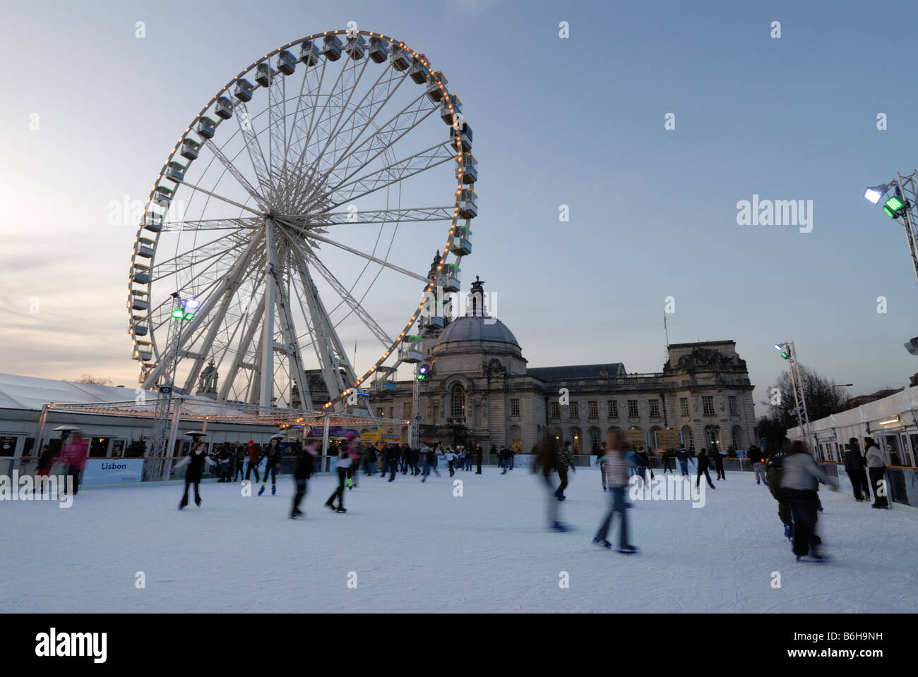 Cardiff Winter Wonderland's 'Admiral Eye' and skating on the ice rink Stock Photo