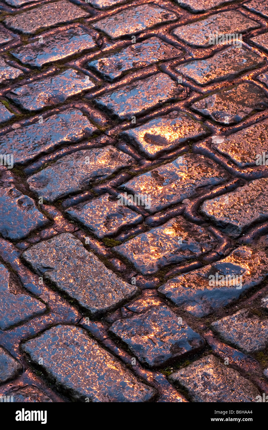 Streetlights reflecting off the wet cobbles in St Mary's Chare a popular shopping street in the Tynedale town of Hexham, England Stock Photo