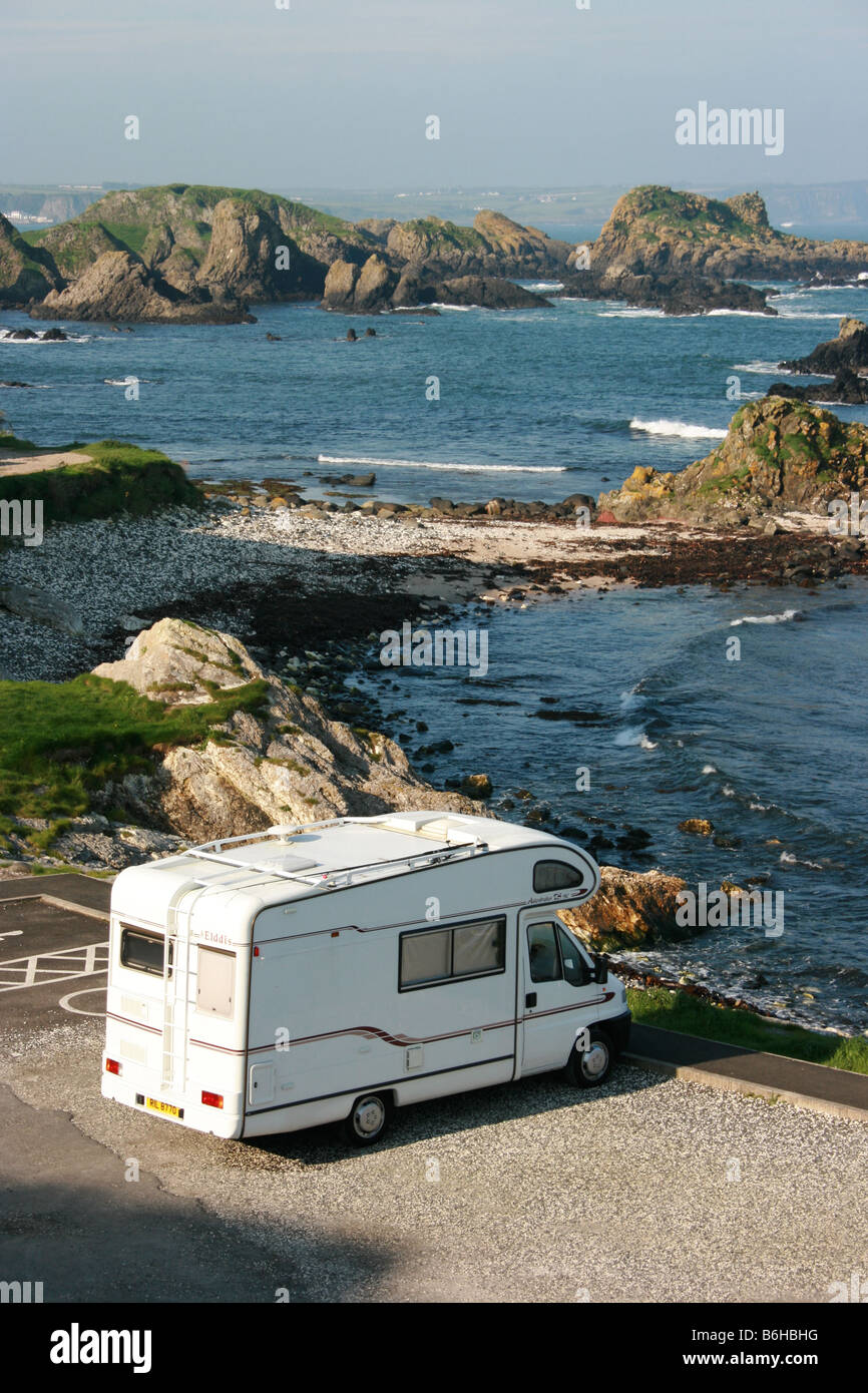 motorhome parked at Ballintoy harbour, County Antrim, Northern Ireland