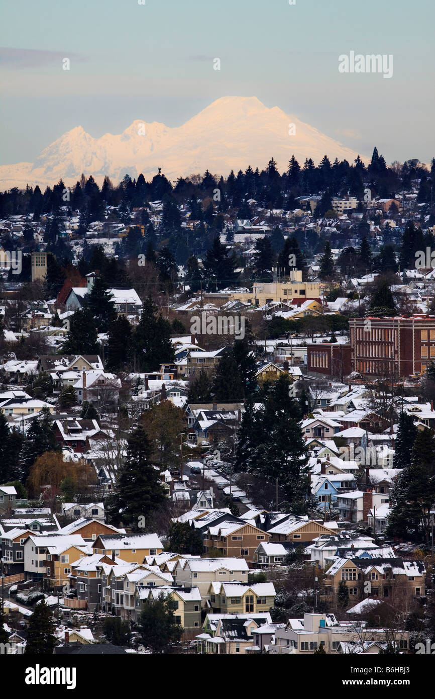 Wallingford neighborhood and Mount Baker view in winter from northeast