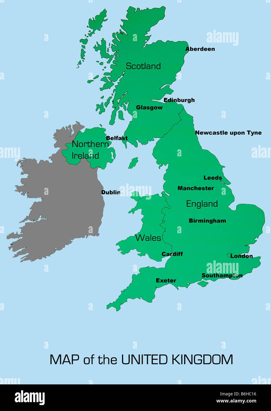 UK map outline showing England Scotland Wales and Northern Ireland with major cities Stock Photo