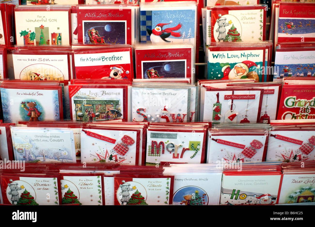 Family member Christmas cards on London market stall Stock Photo