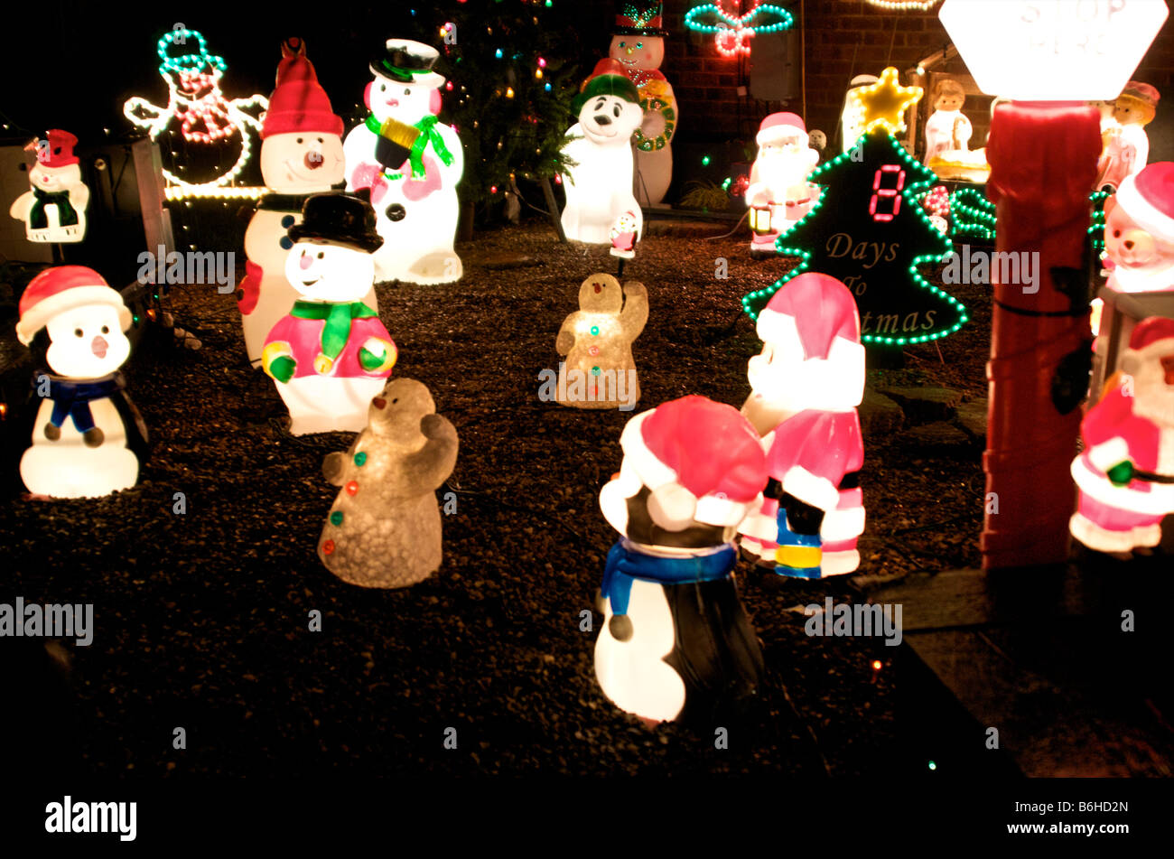 Snow men and Santa Christmas lights Display in a garden in Ripon, North