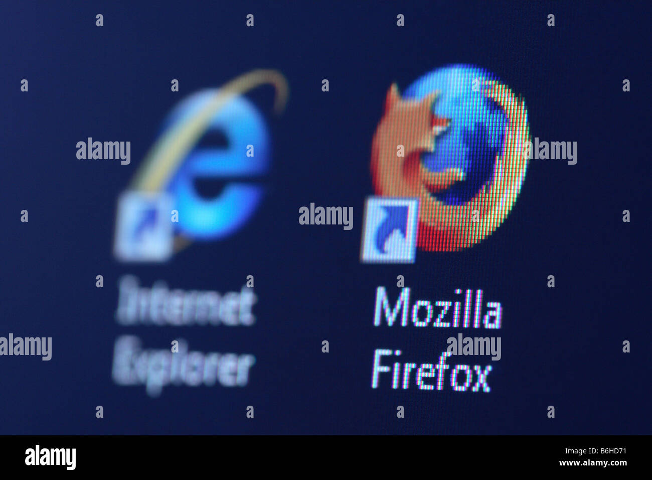 Mozilla Firefox  web browser software icon alongisde the rival Microsoft Internet Explorer IE web browser icon Stock Photo