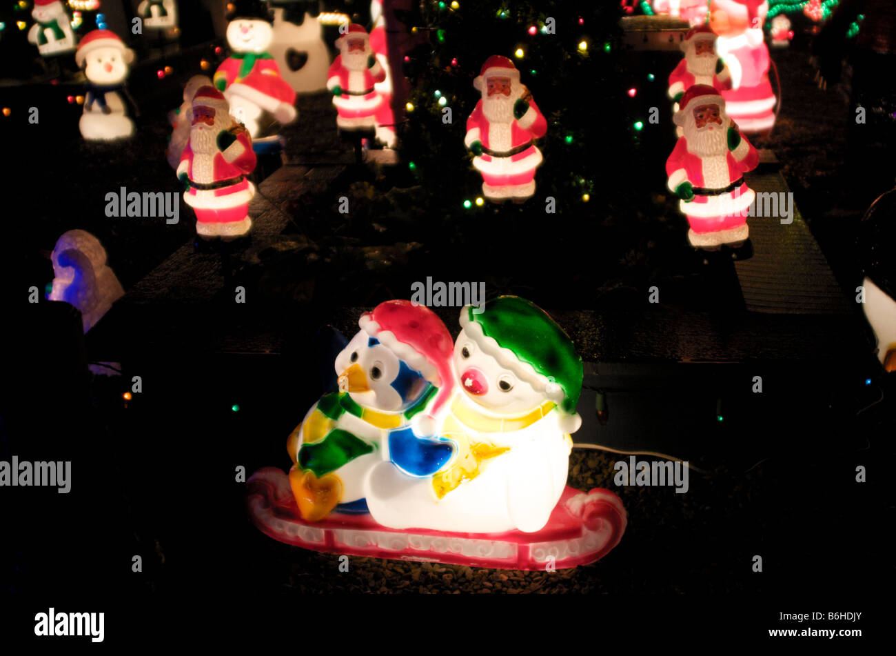 Pinguin and snow man in a Christmas Lights display in Ripon, North