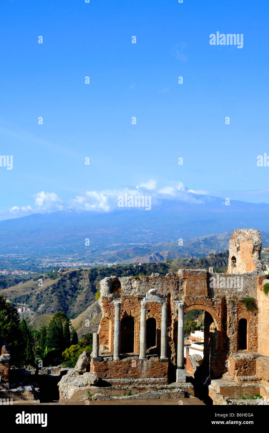 The Ancient Greek Theatre with Mount Etna behind in Taormina in Sicily