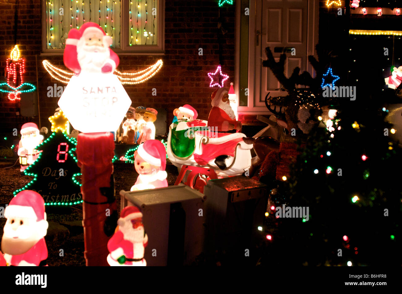 A Christmas lights display in a garden in Ripon, North Yorkshire Stock