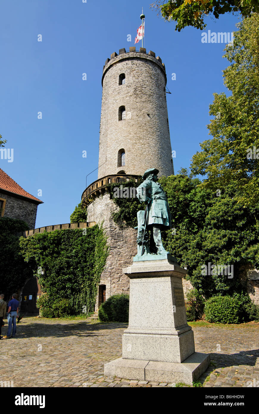 Statue of the Kurfuerst Friedrich Wilhelm near the tower of in Bielefeld city Germany Stock Photo