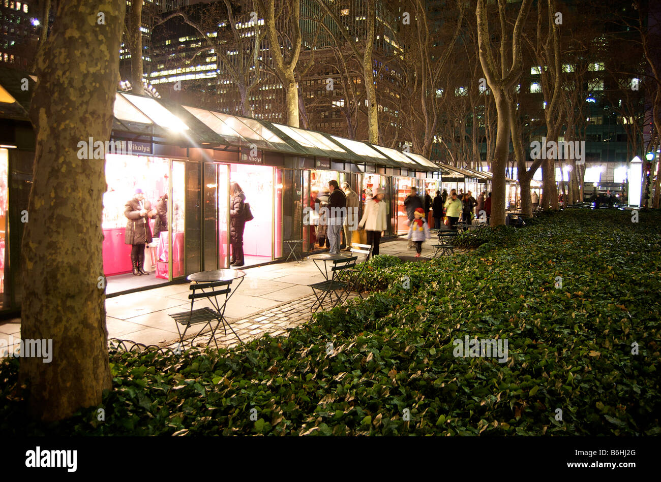 Nighttime Holiday Shopping At Bryant Park Kiosks in New York (For Editorial Use Only) Stock Photo