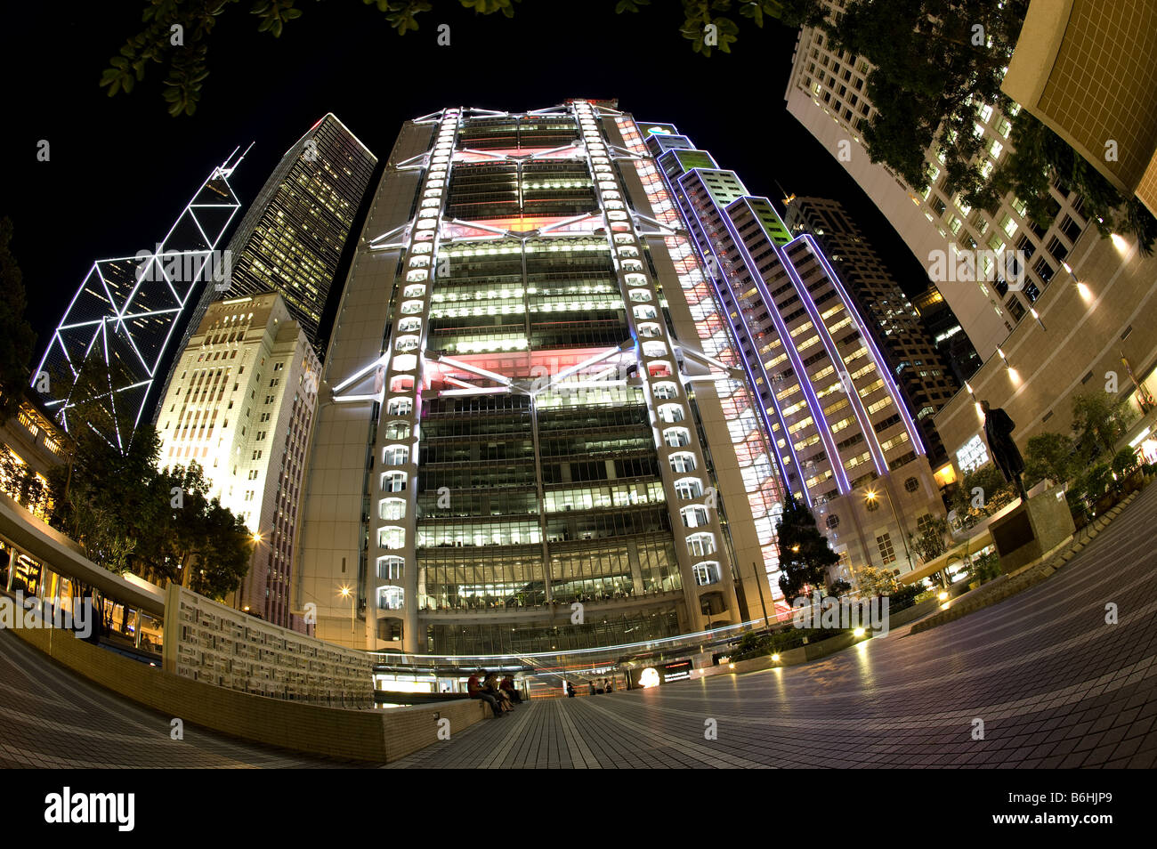 Statue Square at night in Central Hong Kong fisheye lens Stock Photo - Alamy