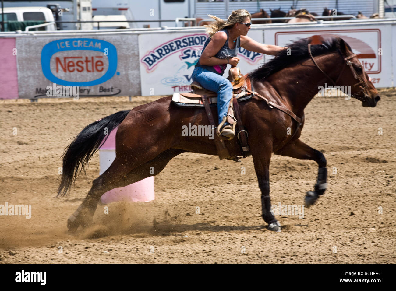 Barrel racing at rodeo at Three Rivers, California Stock Photo