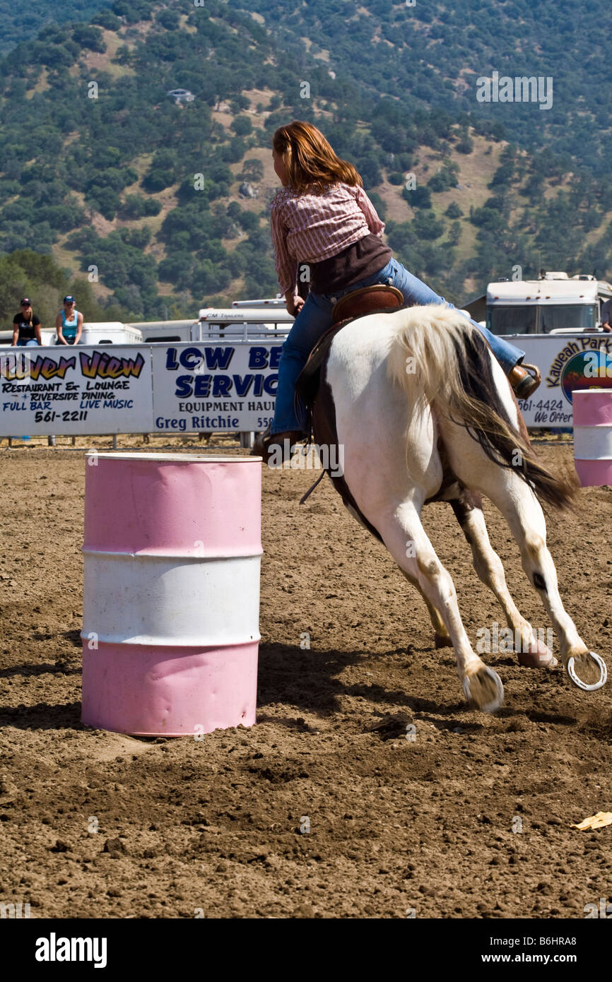 Young kid barrel racing at rodeo at Three Rivers, California Stock Photo