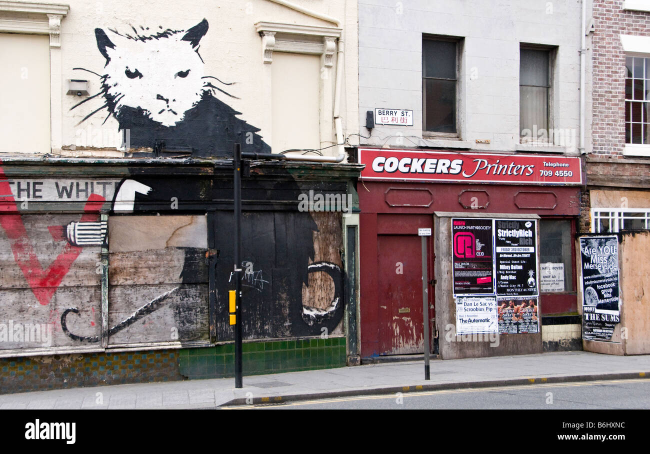 Mural "Gunrat" by Banksy on the derelict pub in Liverpool, Merseyside UK Stock Photo