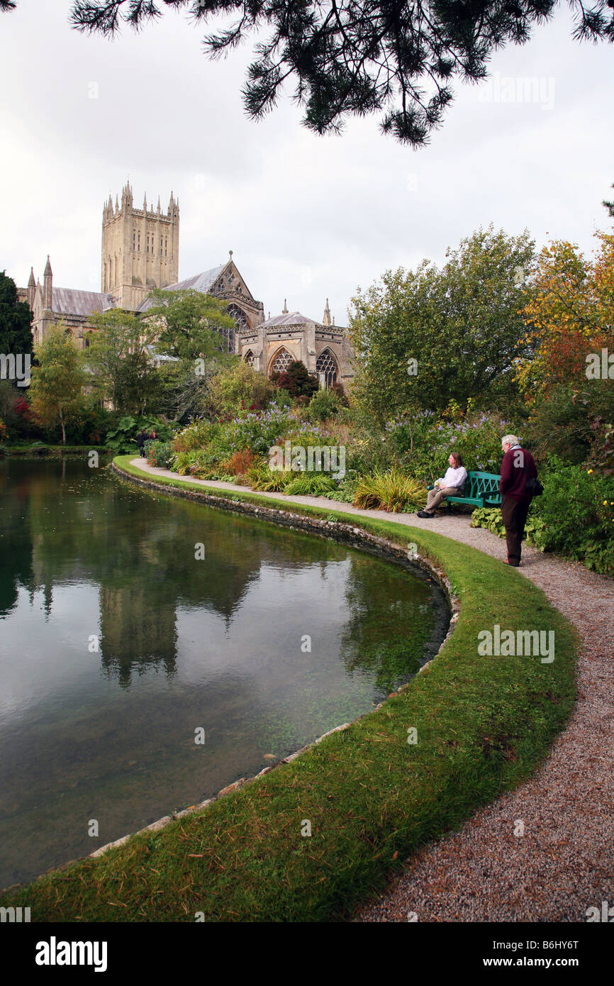 Wells Cathedral reflected in the wells, from which the city gets its name, inside the grounds of the Bishops Palace Stock Photo