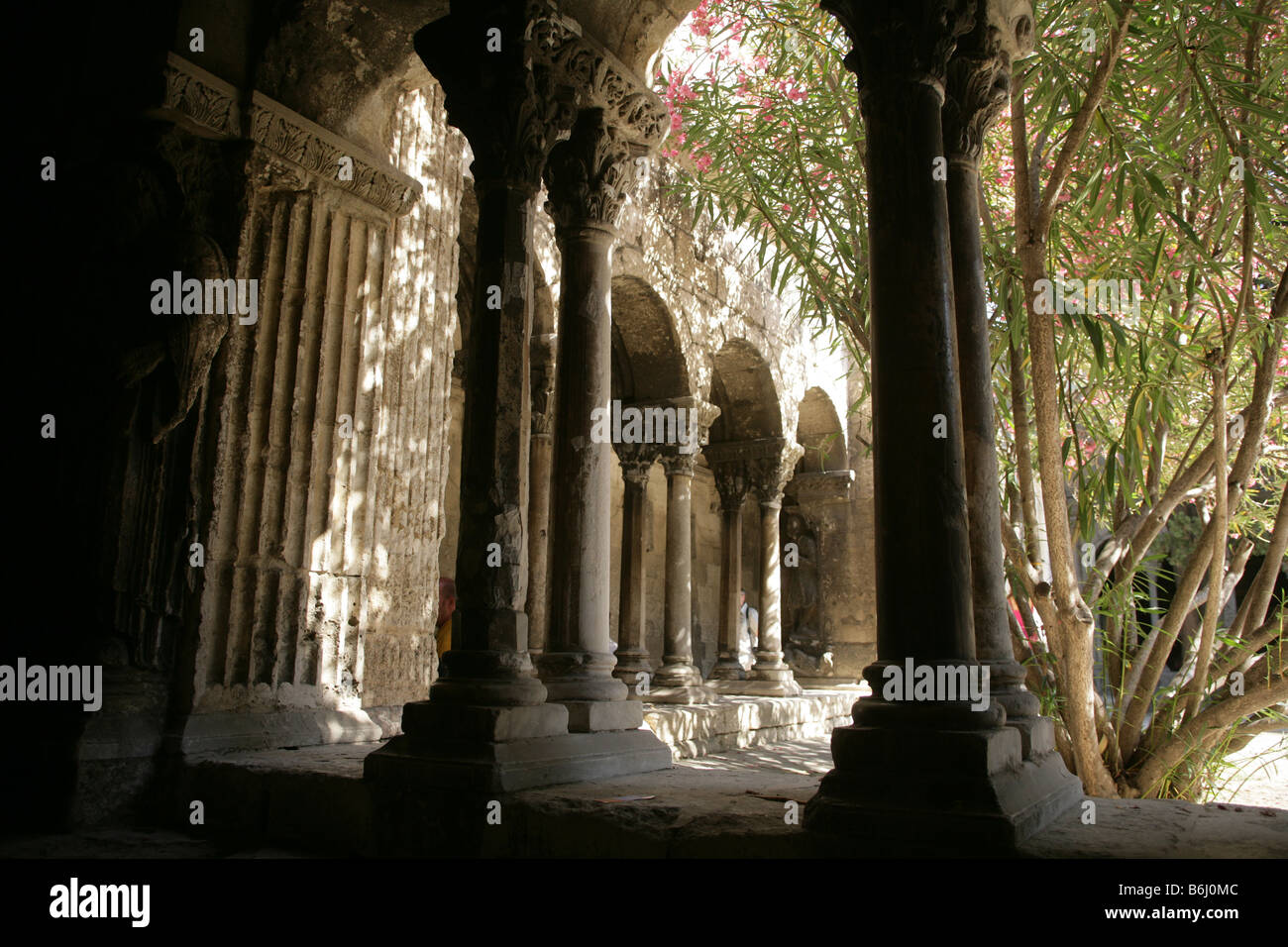 Cloister columns and sunlit courtyard at church of St Trophime, Arles, Bouches-du-Rhone, France Stock Photo