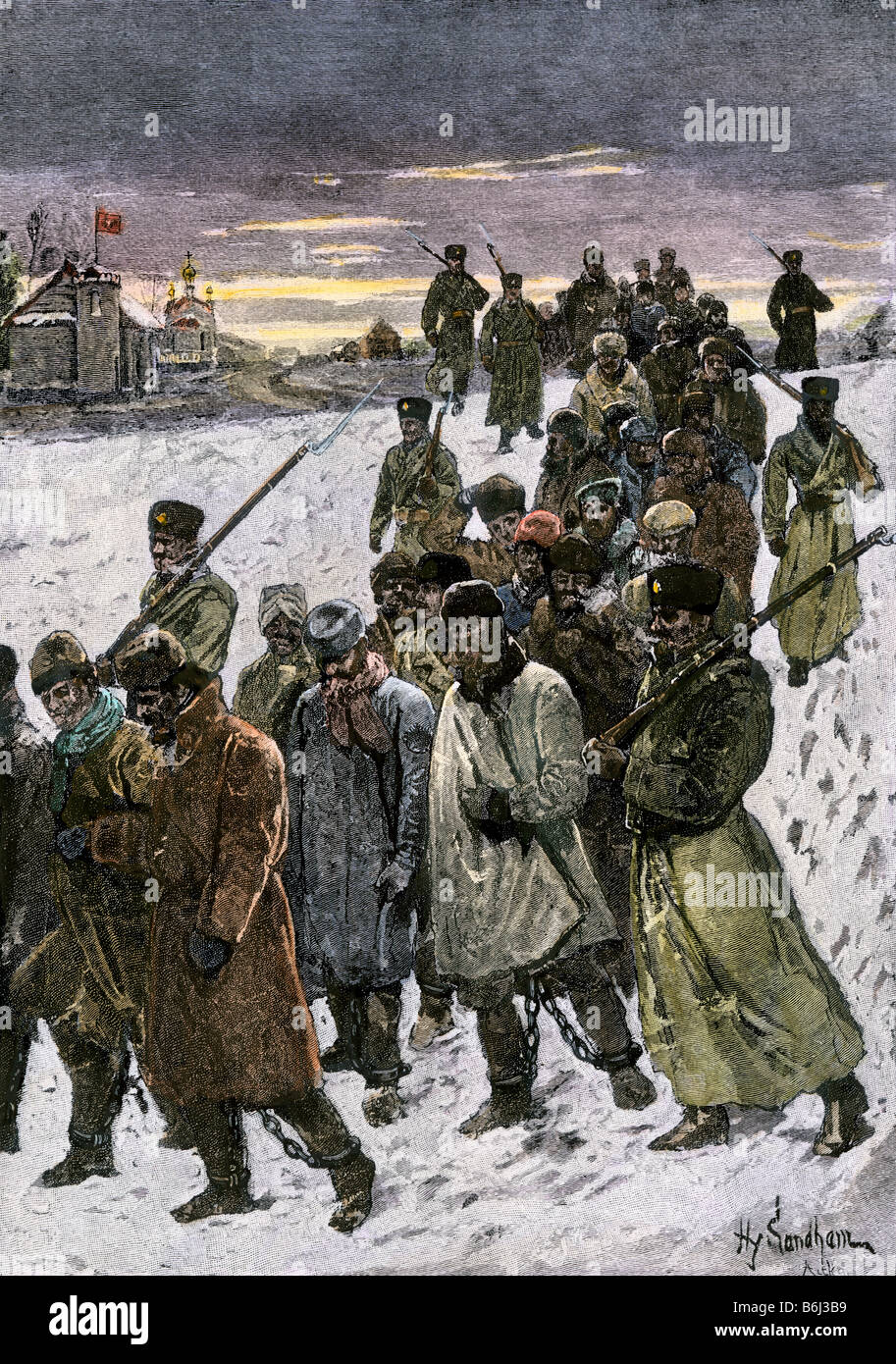 Russian convicts returning at night from the mines in Siberia 1880s. Hand-colored halftone of an illustration Stock Photo
