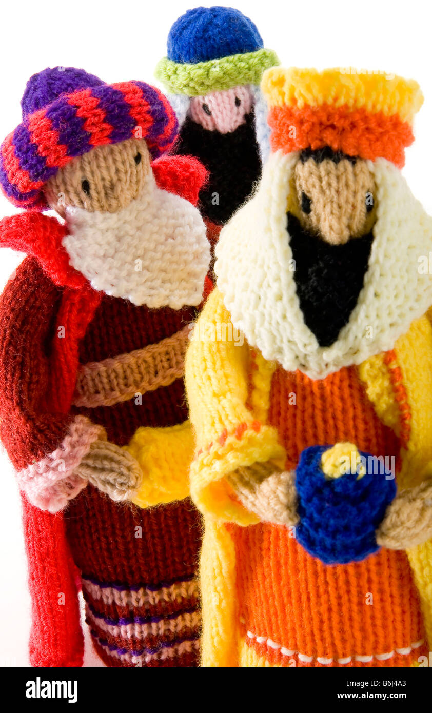 Fun knitted figures representing the Three Wise Men or Three Kings of the Christmas Nativity story. Stock Photo
