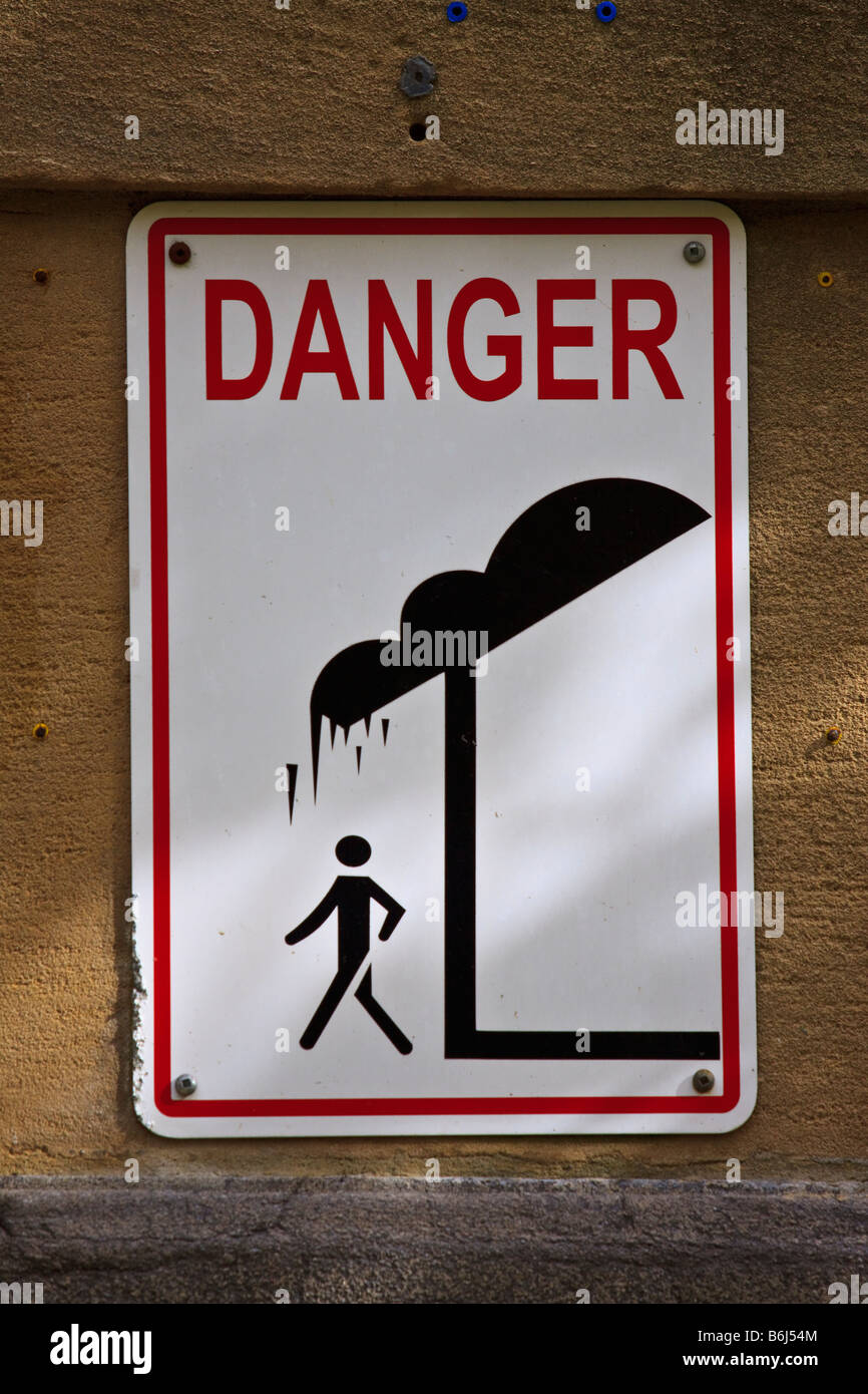 Danger falling icicles sign McGill University Campus Montreal Quebec Canada Stock Photo