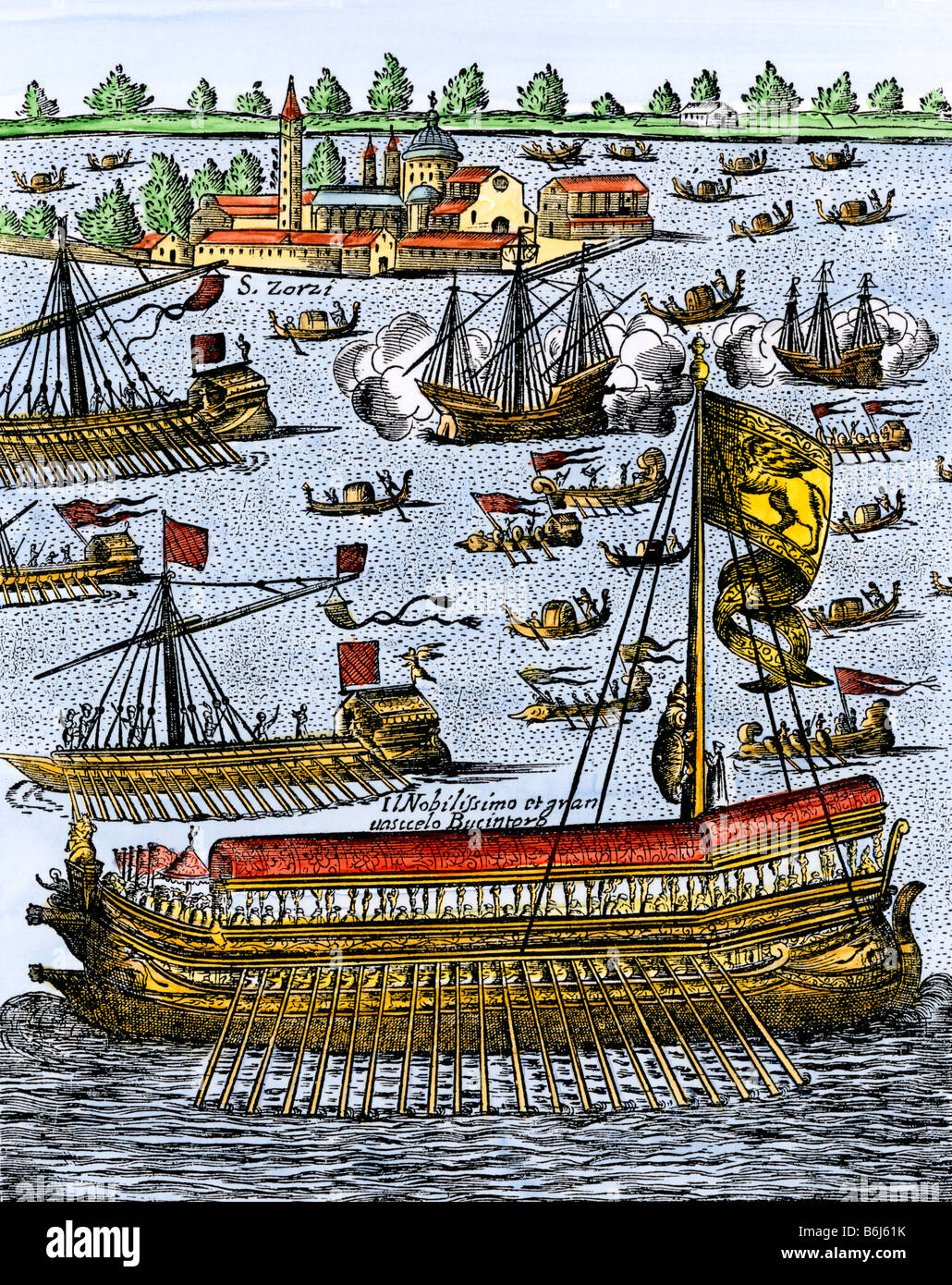 Doge of Venice carried in the galley Bucentaur to espouse the sea 1609. Hand-colored woodcut Stock Photo