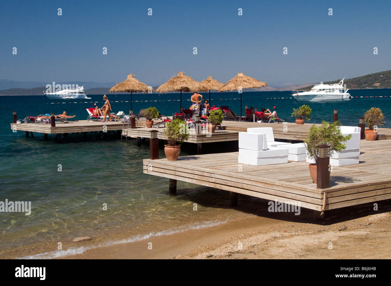 Turkbuku beach clubs, Bodrum Turkey. Stock Photo