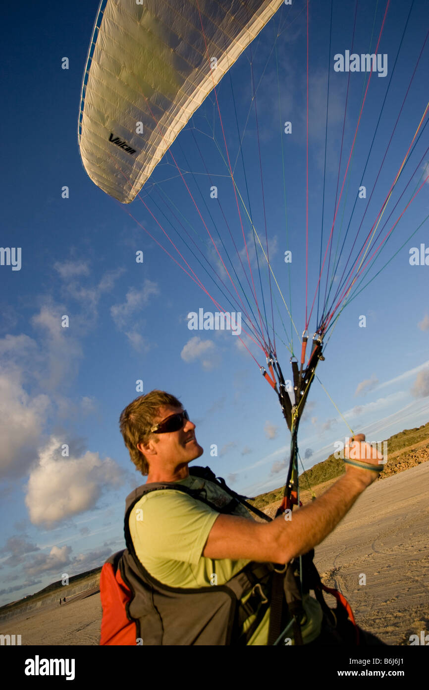 Paragliding Para Gliding practice on the sand Five Mile Beach St Ouen's  Jersey Channel Islands Stock Photo - Alamy