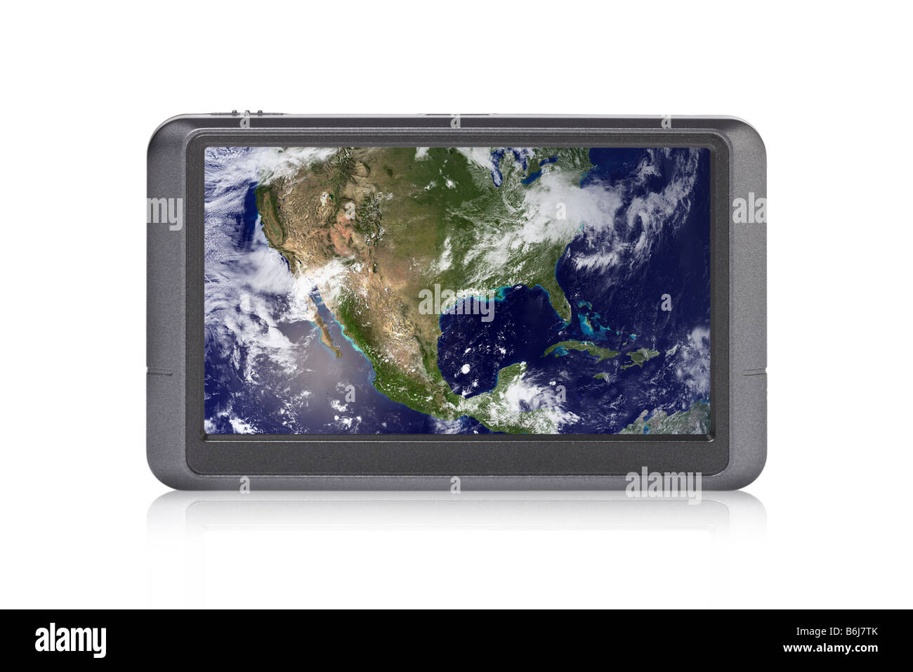Portable GPS device earth image on screen cutout on white background Stock Photo