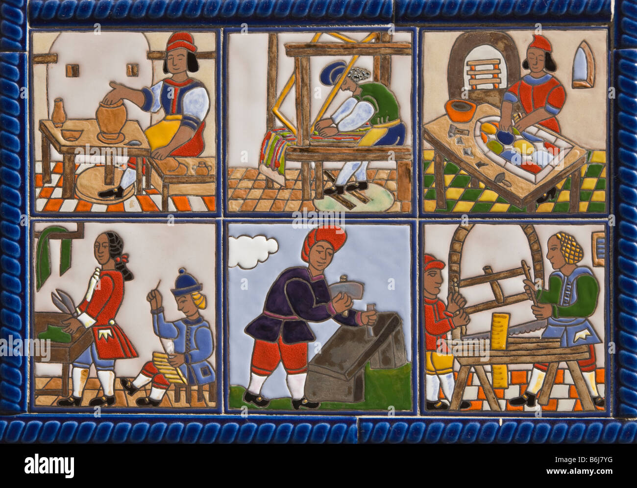 Ceramic picture of 17th century trades outside shop in Malaga capital of Costa del Sol Malaga Province Spain Stock Photo