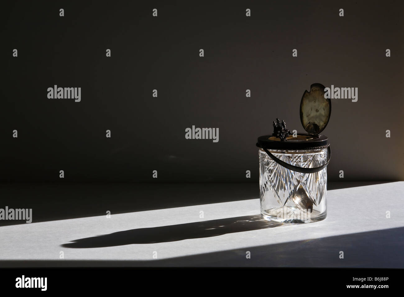 Retro antique cut glass crystal jam container with silver flip up lid