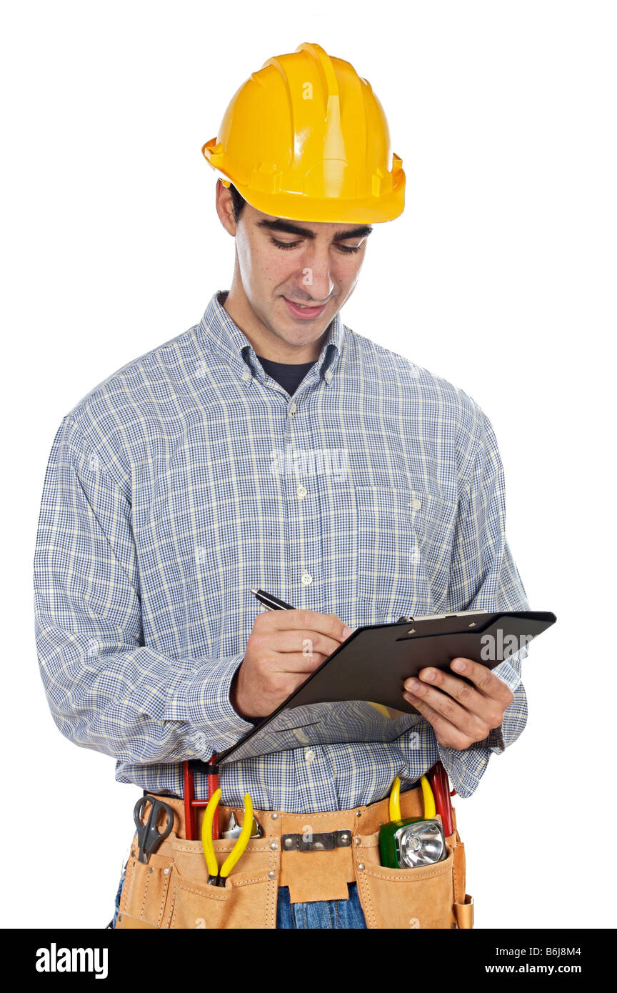 Young construction worker taking noted a over white background Stock Photo