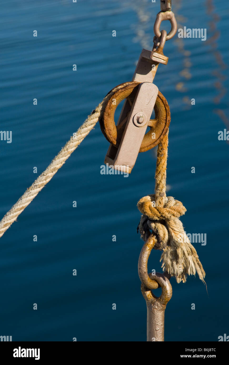 View of a pulley and rope Stock Photo