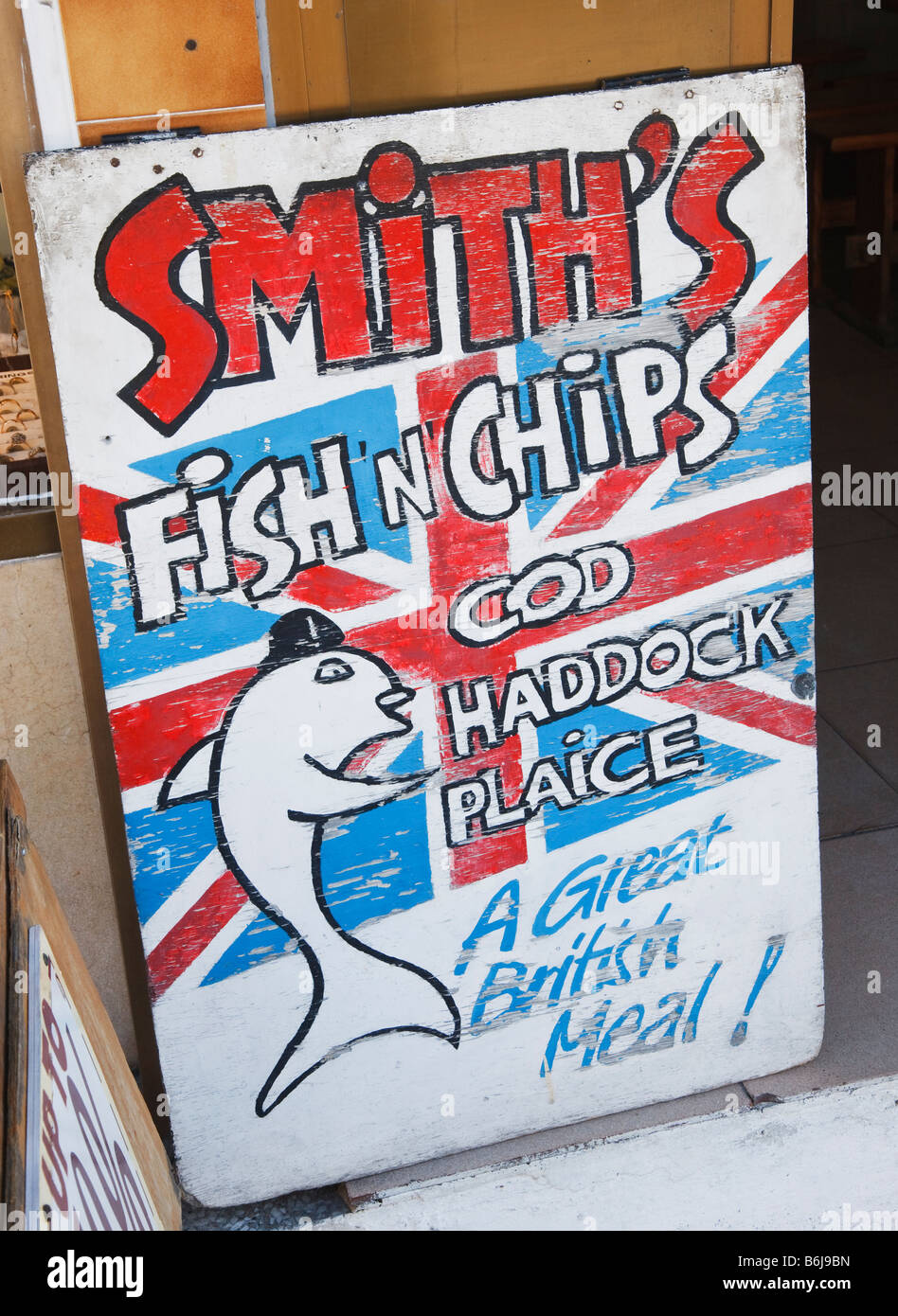 Gibraltar Advertisement outside Smith s fish and chips shop Stock Photo