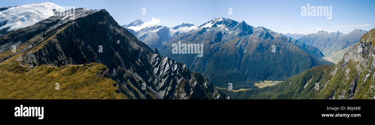 Panorama of Plunket Dome, Mount Aspiring, and the Matukituki Valley from the Cascade Saddle, South Island, New Zealand Stock Photo