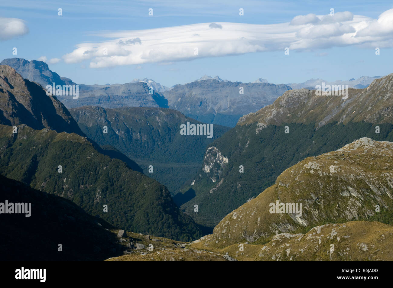 The Route Burn Valley from above the Routeburn Falls Hut, Routeburn Track, South Island, New Zealand Stock Photo