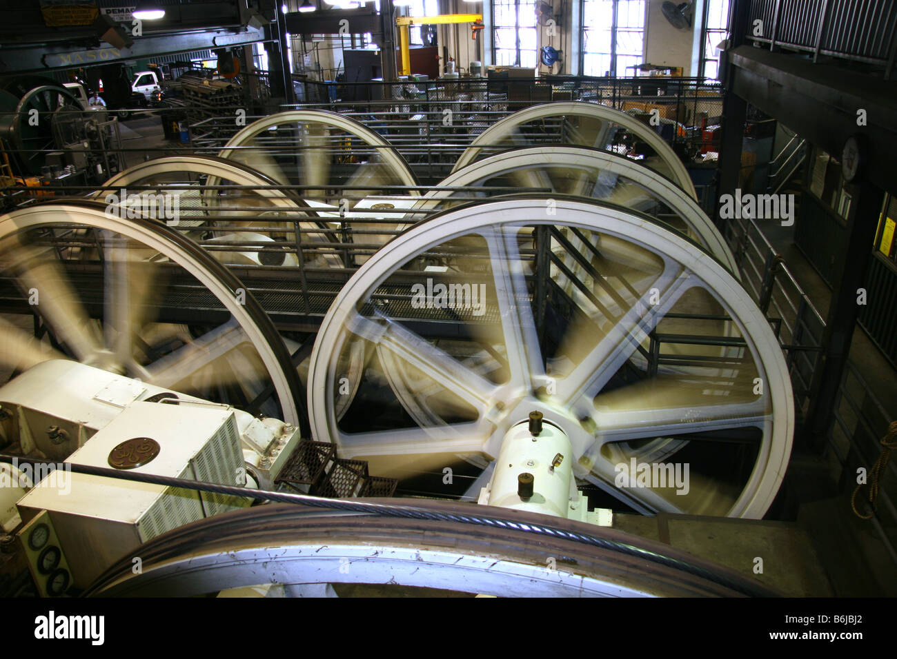 The cable and spinning wheels at the Cable Car Museum, San Francisco, California. Stock Photo