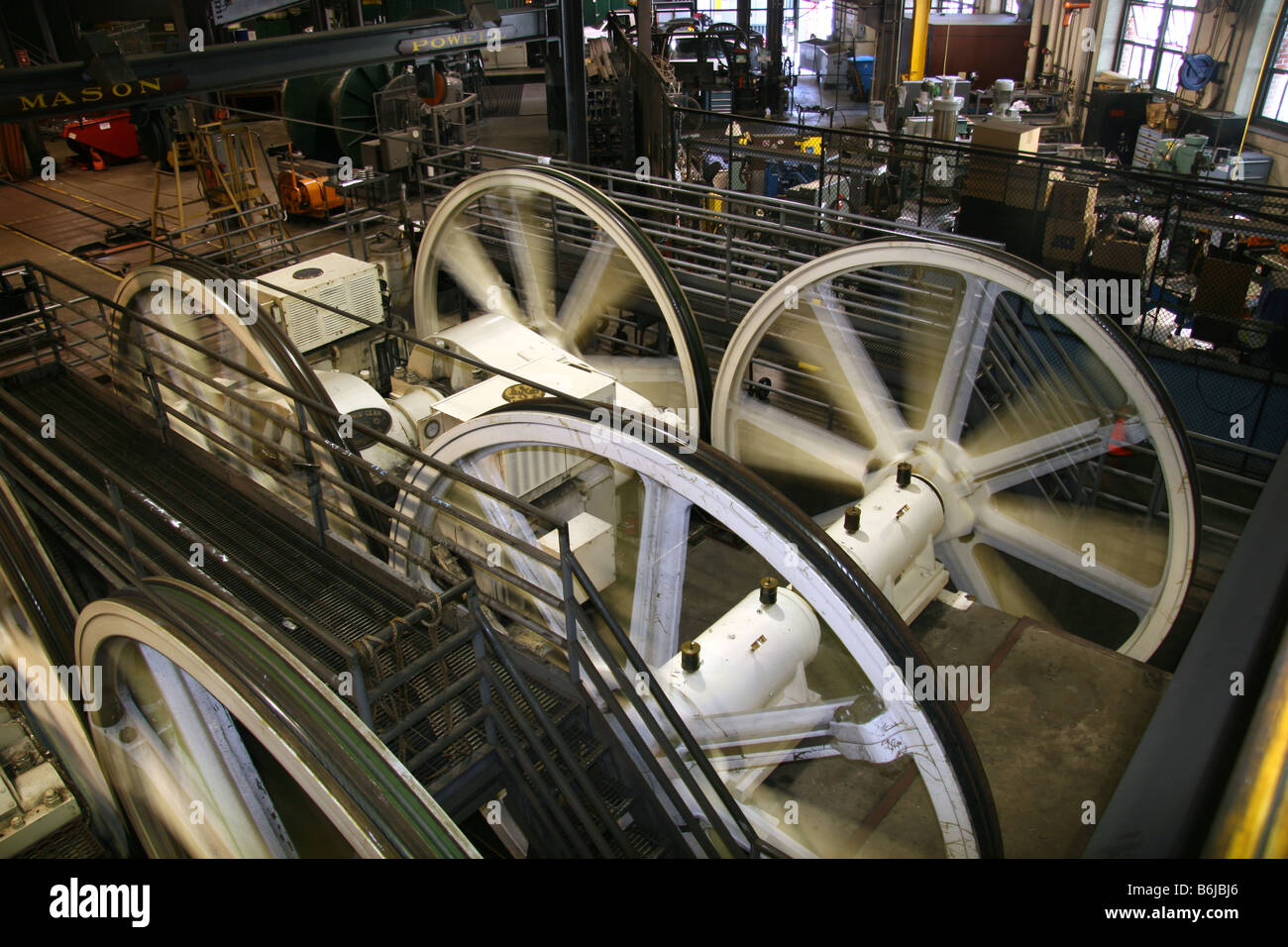The cable and spinning wheels at the Cable Car Museum, San Francisco, California. Stock Photo