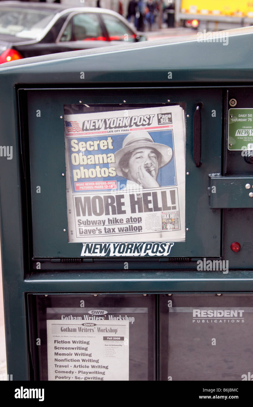 Newspaper machine with NY Post headline about new president Barack Obama Stock Photo