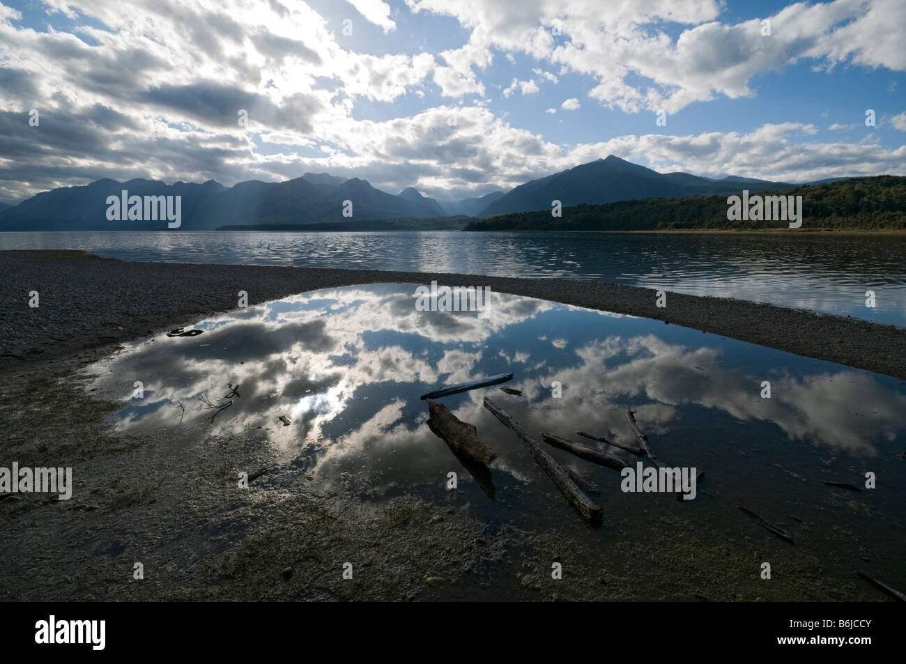 Lake Manapouri from Shallow Bay, Kepler Track, South Island, New Zealand Stock Photo