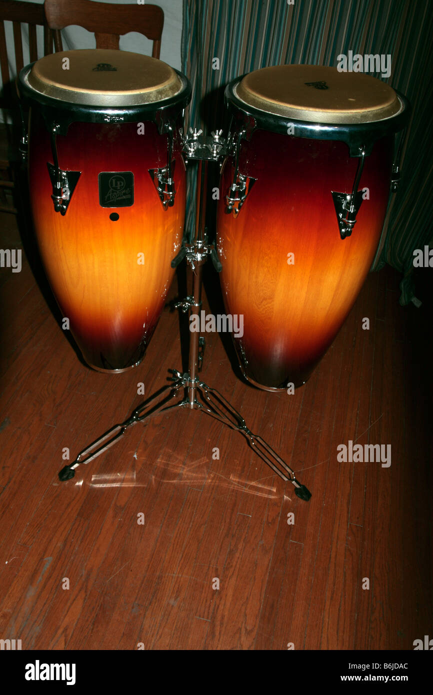 Two LP Latin Percussion conga drums with sunburst finish viewed vertically from the side. Stock Photo
