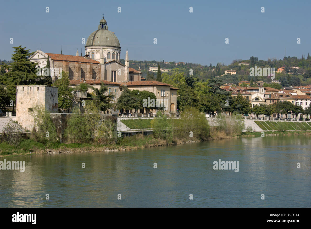 Verona Looking along River Adige to San Giorgio Church Italy April 2008 Stock Photo