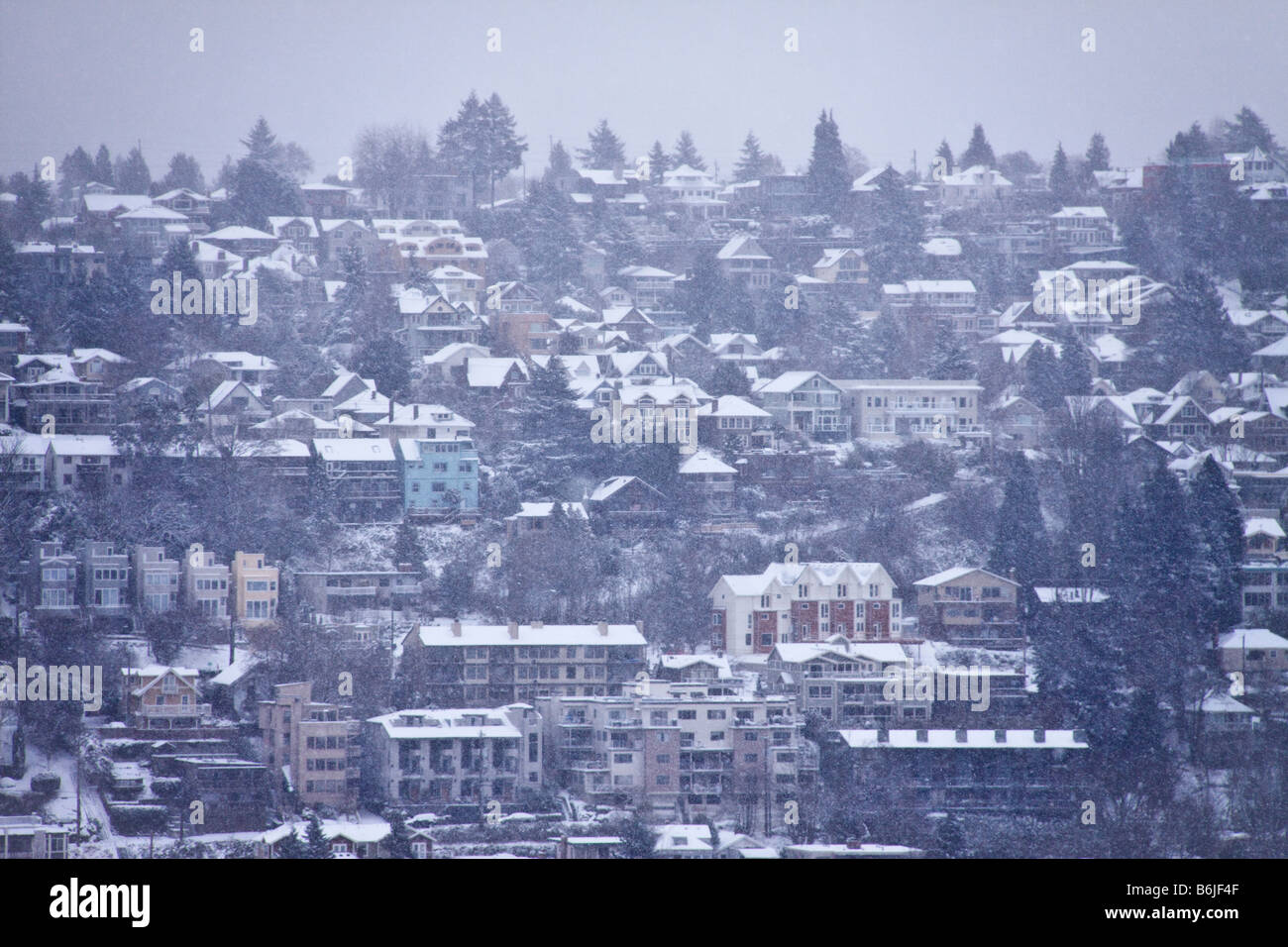 Homes on west slope of Queen Anne Hill during snow storm Seattle