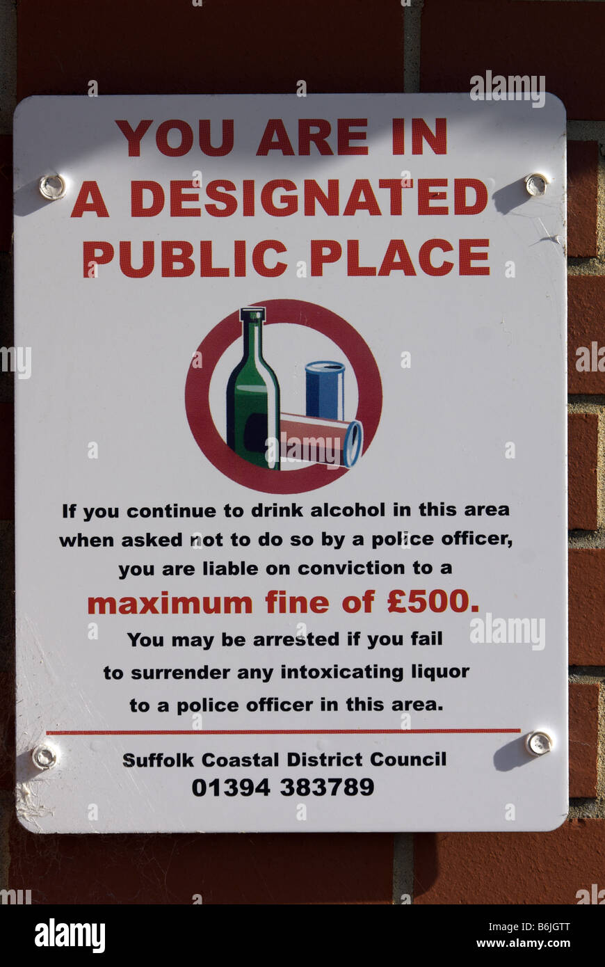 Designated public place sign in Elmhurst park, Woodbridge, Suffolk, UK. Stock Photo
