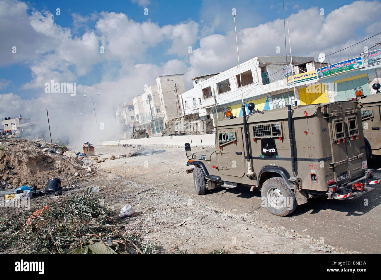 An Israeli army jeep entering Qalandiya, just north of Jerusalem, in