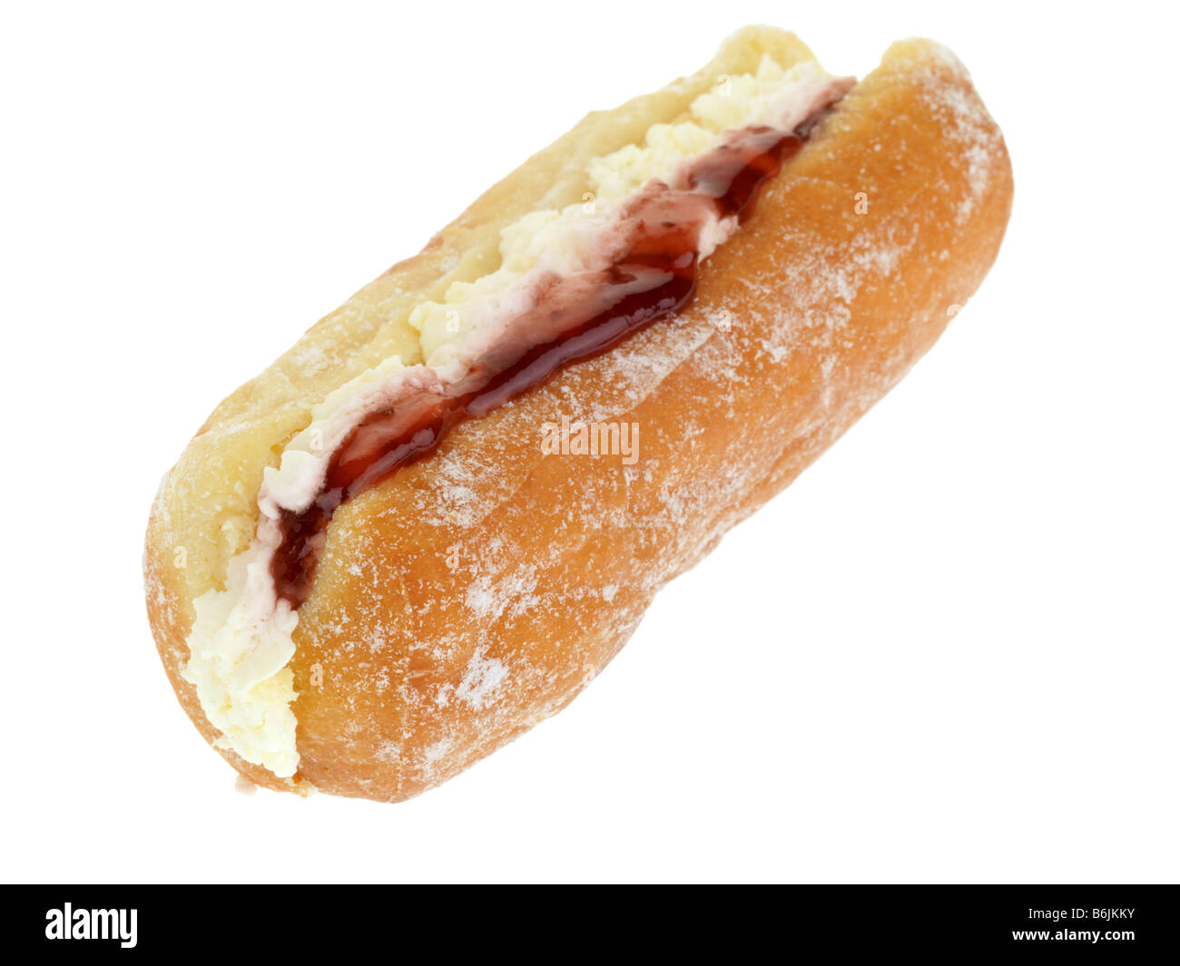 Fresh Finger Doughnut Filled With Strawberry Jam And Cream Isolated