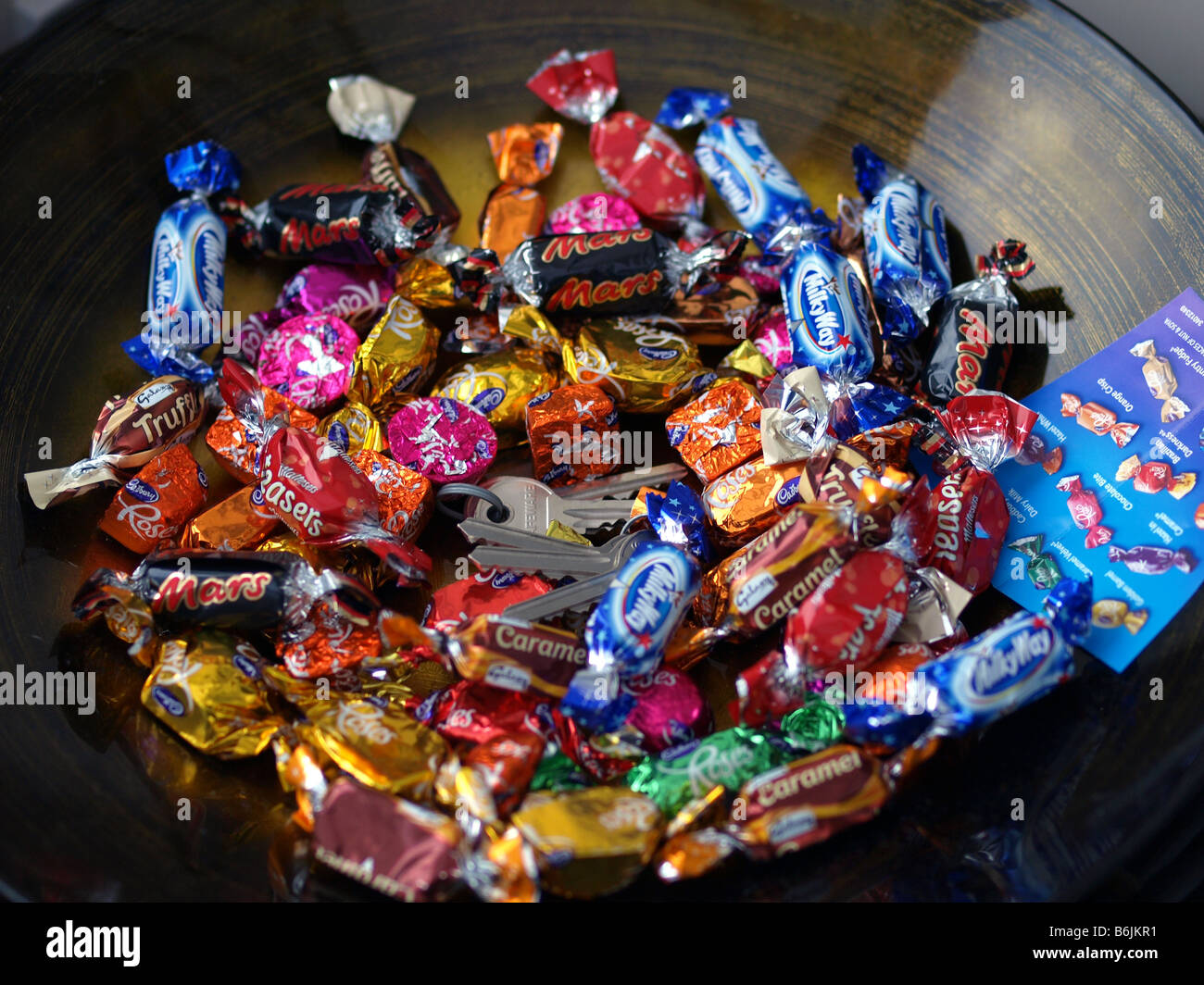 An assortment of sweets and chocolate in a bowl with house keys Stock