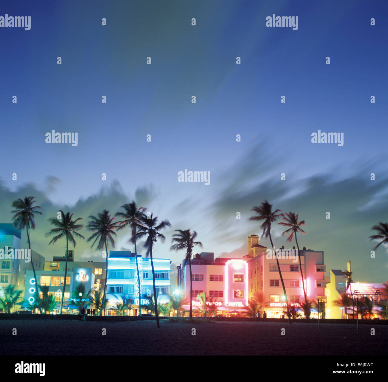 N.A., USA, Florida, Miami, South Beach. Art Deco architecture and palm