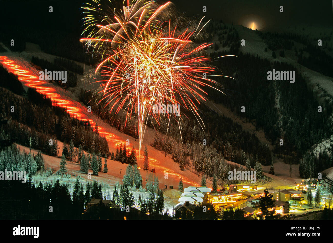 Torchlight parade and fireworks during Winter Carnival at Big Mountain