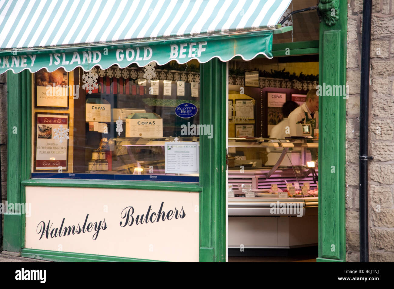 Traditional Butchers shop in Ramsbottom high street, Lancashire England,United Kingdom Stock Photo