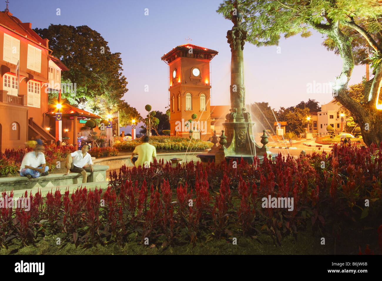 Town Square With Clock Tower At Dusk, Melaka Stock Photo